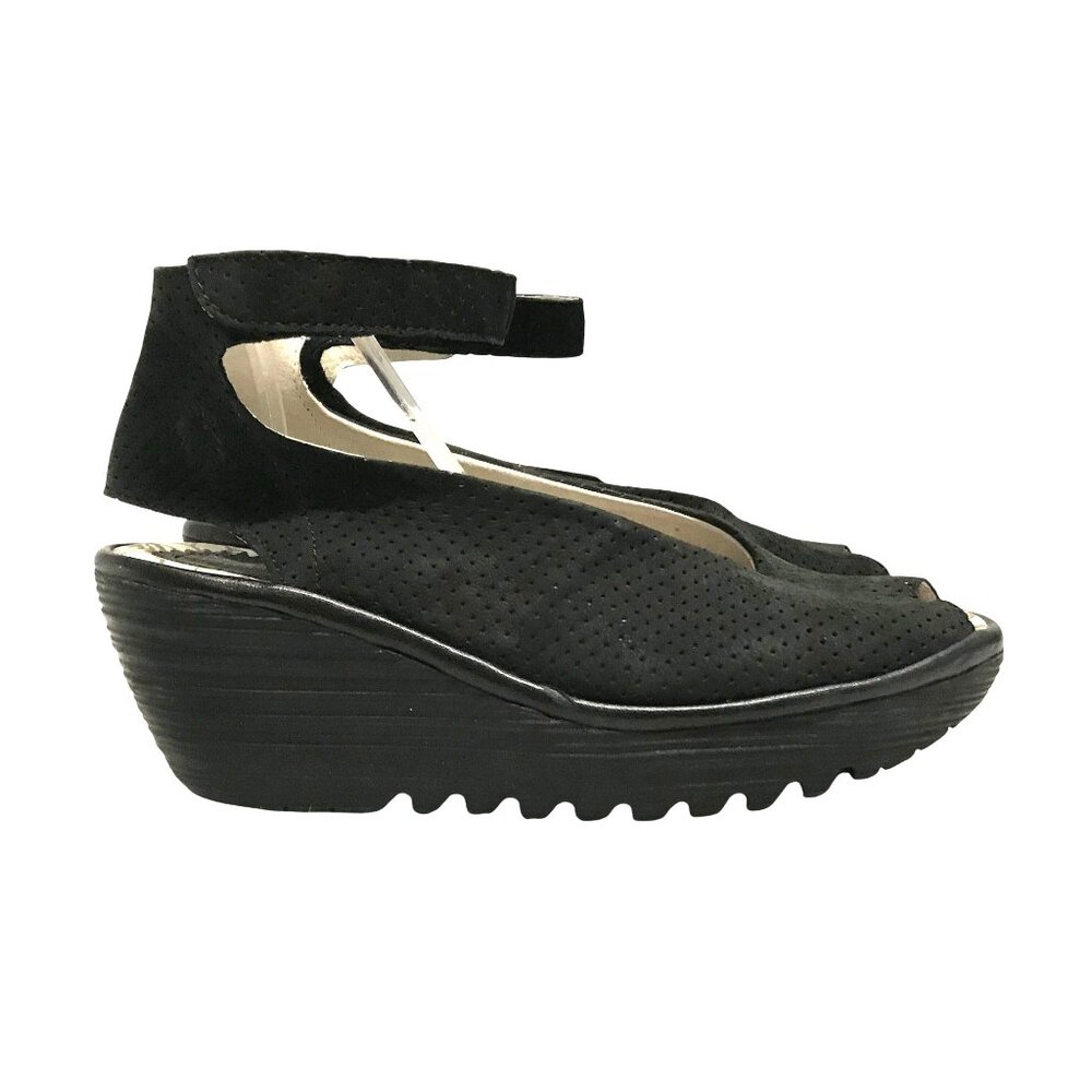 Fly London Yala Womens 8.5/39 Black Suede Wedge Sandals Peep Toe